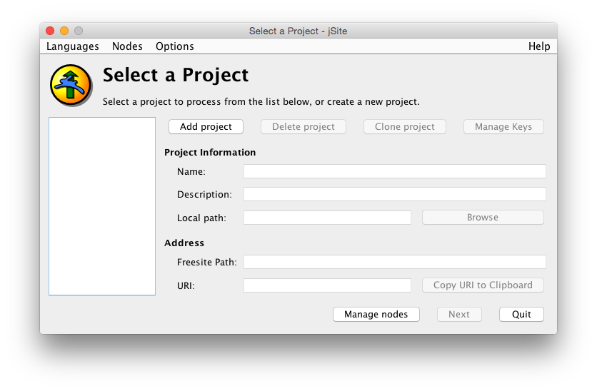 jSite Select a project Screenshot
